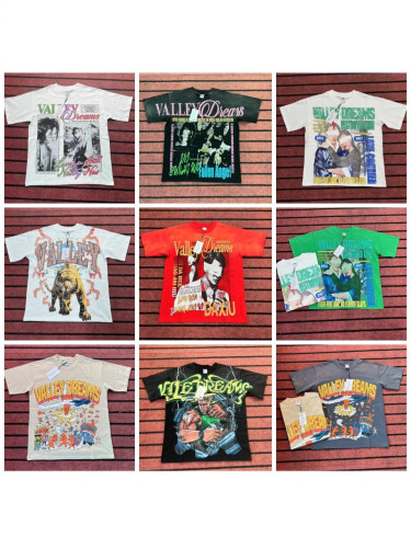 Cross-border American streetwear brand Vall washed distressed printed short-sleeve hip-hop loose street fashion T-shirt for men and women
