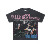 25ss cross-border foreign trade VALL trendy high street retro washed distressed street style direct-print rhinestone short-sleeve unisex T-shirt