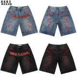26ss Cross-Border Foreign Trade Vale Forever Skittle American Trend High Street Retro Washed Embroidered Denim Shorts