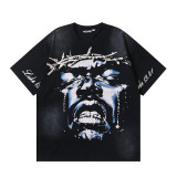 New cross-border HELL trendy high-quality vintage distressed T-shirt, loose fit printed short-sleeve T-shirt, unisex style for couples