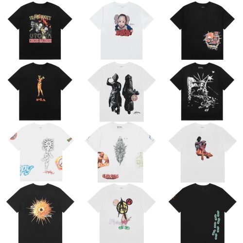 Travis Scott Cactus Jack trendy face and rose monument pattern printed casual short-sleeve T-shirt