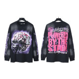 Trendy high street Hell Star American fashion distressed washed casual loose-fitting long-sleeve crew neck T-shirt for men and women, foreign trade