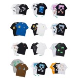 Wholesale high-quality foreign trade trendy brand off-shoulder short-sleeve T-shirts with melting arrow gradient starry sky splatter ink design, couple style