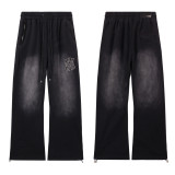 Amiri American streetwear brand logo embroidered loose vintage distressed washed casual hoodie and sweatpants unisex set