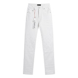 Purple Brand straight-leg micro-elastic jeans, vintage distressed with splatter paint and holes, slim-fit denim pants.