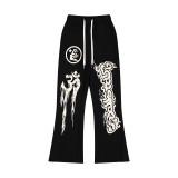 25ss American high street fashion brand HELL street heavy print terry sweatshirt casual sports hooded set for men and women