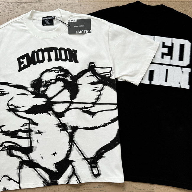 MIXED EMOTION American Fashion High Street Retro Loose Rhinestone Summer Pure Cotton Short Sleeve T-Shirt Unisex