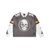 Correct version of skull faux two-piece American street retro high street mesh printed waffle T-shirt trendy cross-border sweatshirt