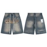 Summer New Arrival VAL American Trend High Street Vintage Streetwear Washed and Distressed Men's Denim Shorts with Full Rhinestone Embellishments