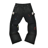 High-quality European and American new style Gallery washed micro-flared black and blue patchwork jeans for men and women, long pants and shorts