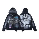 Hellstar European and American fashion brand high street vintage washed distressed printed street style loose hoodie for men and women