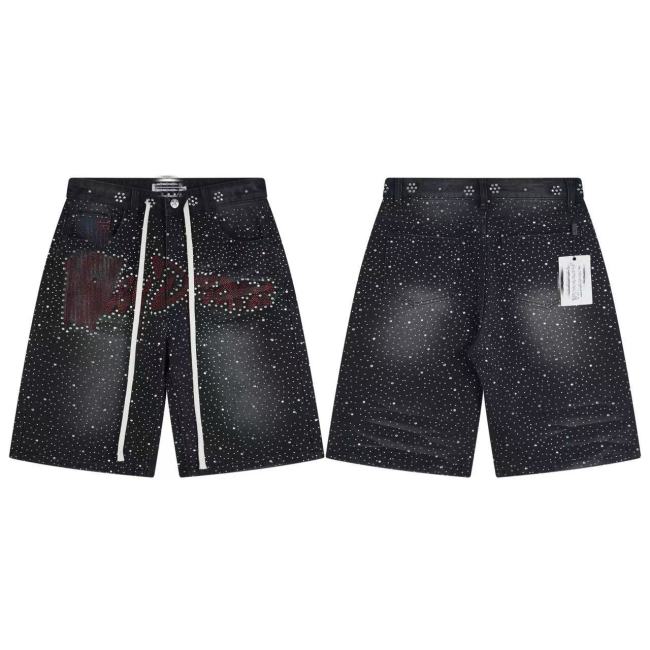 Summer New Arrival VAL American Trend High Street Vintage Streetwear Washed and Distressed Men's Denim Shorts with Full Rhinestone Embellishments