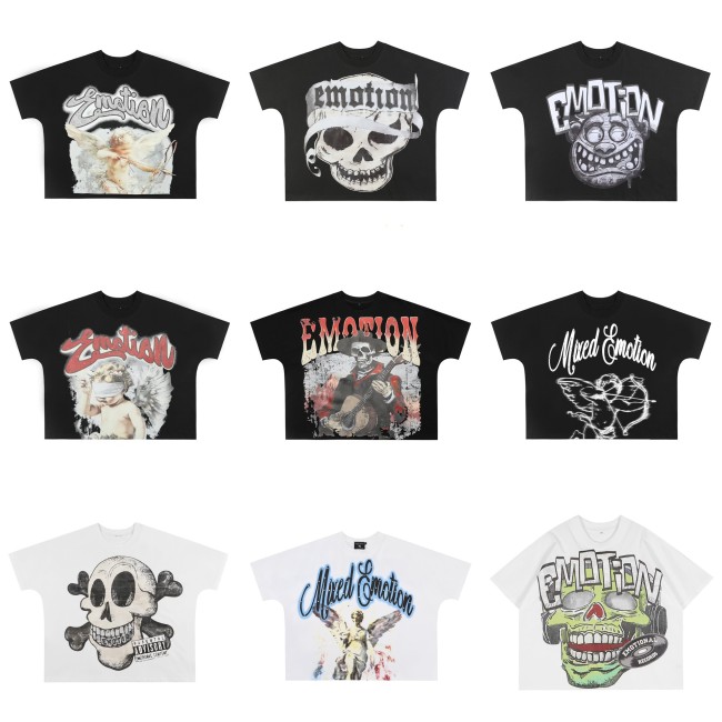 MIXED EMOTION High-Quality Fashionable High-Street Angel Rhinestone Vintage Loose-Fit Short-Sleeve Full-Print Unisex T-Shirt
