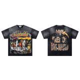26ss cross-border foreign trade American-style trendy brand diamond-embellished short-sleeve washed distressed frayed raw edge white ink direct-print unisex T-shirt