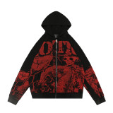 MIXED EMOTION trendy street hip-hop rhinestone white ink direct-print long-sleeve T-shirt zip-up hoodie unisex jacket
