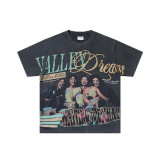 25ss cross-border foreign trade VALL trendy high street retro washed distressed street style direct-print rhinestone short-sleeve unisex T-shirt