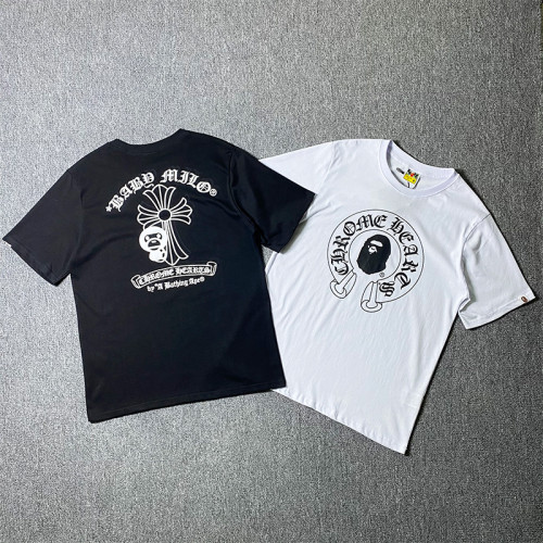 BAPE cross-border foreign trade short-sleeve T-shirt with cross, little monkey, and Sanskrit print, trendy loose fit, pure cotton, unisex
