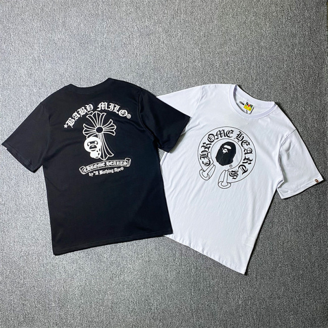 BAPE cross-border foreign trade short-sleeve T-shirt with cross, little monkey, and Sanskrit print, trendy loose fit, pure cotton, unisex