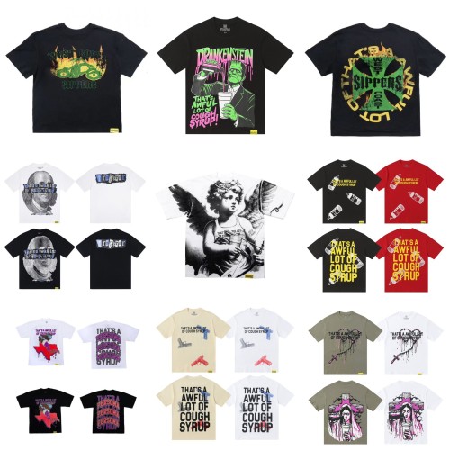 High-end COUGH SYRUP English slogan trendy hip-hop short-sleeve West Coast hip-hop rap co-branded T-shirt for men