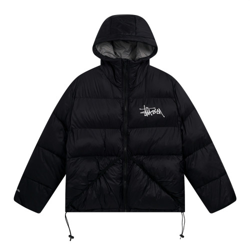 STU's new classic solid color versatile embroidered zip-up hooded short cotton jacket, unisex, street style, warm