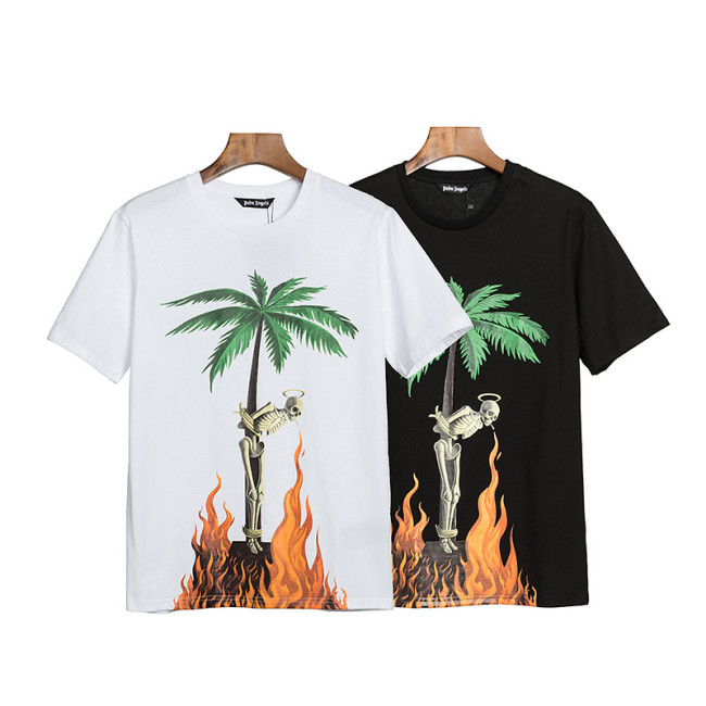 Cross-border foreign trade wholesale pa trendy brand short-sleeve T-shirt with decapitated bear, palm tree, large logo, lettering on the back, and batwing sleeves