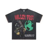 High-quality cross-border foreign trade VAL trendy high street retro washed distressed white ink direct-print rhinestone short-sleeve unisex T-shirt