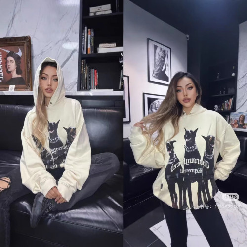Correct version of REPRESENT trendy high street sweatshirt with washed-out Doberman and shark print hoodie for men and women
