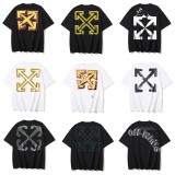 25ss American style trendy brand high-quality off-shoulder short-sleeve T-shirt with melting arrow gradient starry sky ink splatter design for men and women