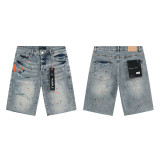 25ss Cross-Border American Fashion Brand Purple Brand Ripped and Patched Men's Casual Street Straight-Leg Denim Shorts