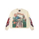 Correct version of skull faux two-piece American street retro high street mesh printed waffle T-shirt trendy cross-border sweatshirt