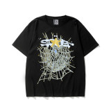 New European and American trendy high street couple's loose-fitting SP555DER spider web print short-sleeve T-shirt