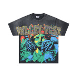 25ss cross-border foreign trade VALL trendy high street retro washed distressed street style direct-print rhinestone short-sleeve unisex T-shirt