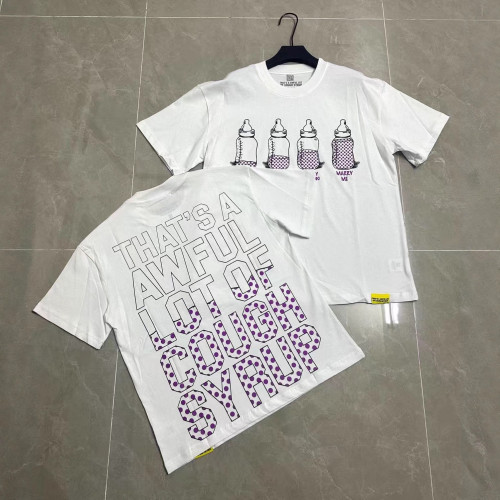 25ss American fashion high street COUGH SYRUP 3D white ink direct print rhinestone high street loose double yarn short sleeve t-shirt for men