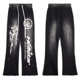Hellstar European and American high street fashion retro washed distressed mud-print sweatpants and hoodie couple's set