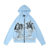 MIXED EMOTION trendy street hip-hop rhinestone white ink direct-print long-sleeve T-shirt zip-up hoodie unisex jacket