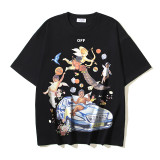 25ss American style trendy brand high-quality off-shoulder short-sleeve T-shirt with melting arrow gradient starry sky ink splatter design for men and women