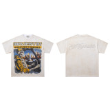 26ss cross-border foreign trade American-style trendy brand diamond-embellished short-sleeve washed distressed frayed raw edge white ink direct-print unisex T-shirt