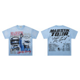 26ss cross-border foreign trade American-style trendy brand diamond-embellished short-sleeve washed distressed frayed raw edge white ink direct-print unisex T-shirt