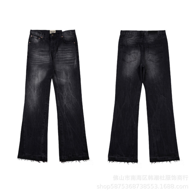High-quality European and American new style Gallery washed micro-flared black and blue patchwork jeans for men and women, long pants and shorts