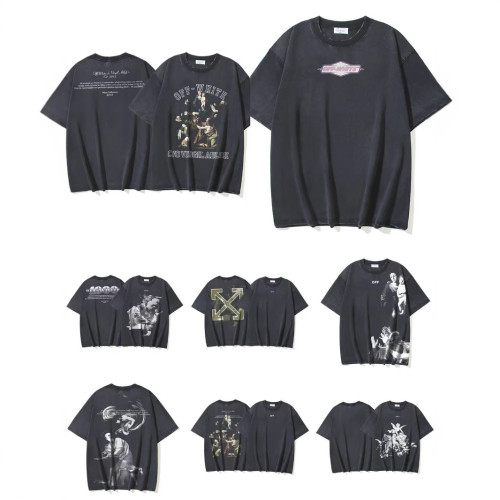 25ssss Spring/Summer New OW Washed Oil Painting Pattern Round Neck Pullover Short Sleeve Unisex One-Piece Wholesale