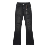 Purple Brand straight-leg micro-elastic jeans, vintage distressed with splatter paint and holes, slim-fit denim pants.