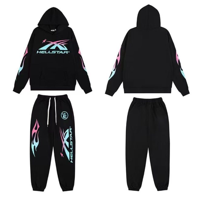 25ss American high street fashion brand HELL street heavy print terry sweatshirt casual sports hooded set for men and women