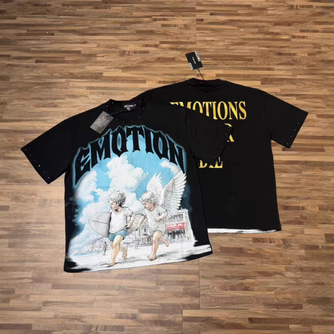 26ss Cross-Border Foreign Trade Mixed Emotion American Fashion Brand New Short-Sleeve Angel Rhinestone Loose T-Shirt for Men