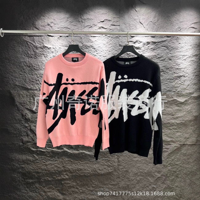 23S STU new knitted sweater with curved letter print, unisex, suitable for couples, versatile, pure cotton, long sleeve