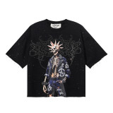 European and American trendy brand BKYS rhinestone bling glitter washed vintage loose-fit pure cotton terry short-sleeve T-shirt for men and women