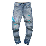 Cross-border European and American Purple Brand jeans, washed, distressed, vintage, ripped, with splatter paint, in a cool American style