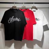 Cross-border trendy brand AMIRI letter logo cross and four-pointed star double-thread pure cotton unisex loose-fit short-sleeve T-shirt