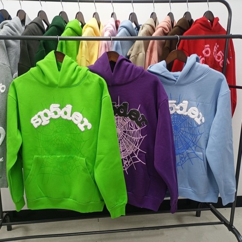 Popular foreign trade item: heavy-duty hoodie with spider web print, trendy brand, loose fit, fleece-lined sp5der sweatshirt and pants for men, in stock