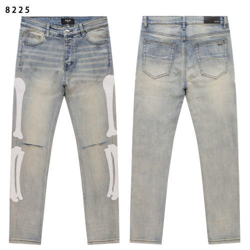 25ss cross-border European and American trendy brand amri bone embroidery patch leather washed jeans for men and women, high street ripped long pants