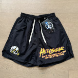 New summer style washed distressed casual shorts with flame print, trendy brand Hell Star men's knee-length shorts